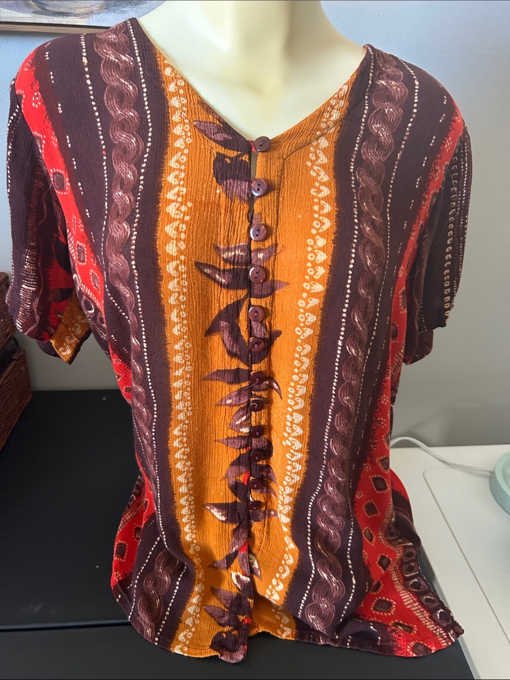 Button-Front Printed Blouse in Mustard, Burgundy & Red Stripes